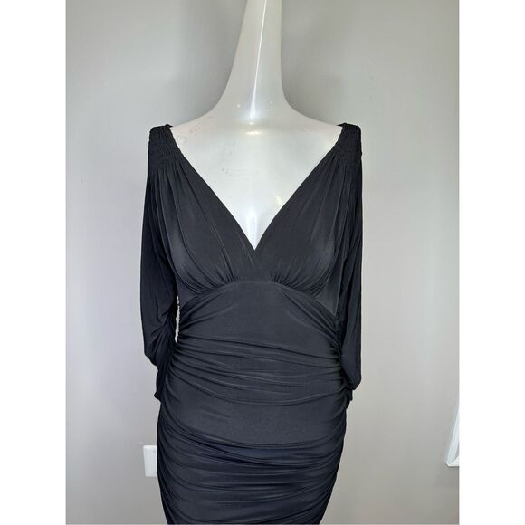 Norma Kamali Tara Long-Sleeve Deep-V Ruched Stretch Jersey Midi Dress $175 - Picture 9 of 11